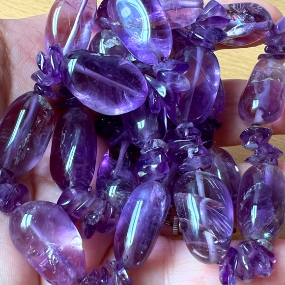 VINTAGE LARGE NATURAL AMETHYST BEADS LONG NECKLACE STATEMENT VERSATILE